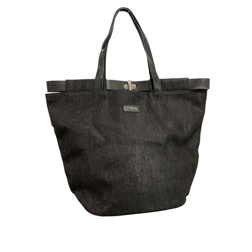 Furla Woven Black Turnlock Bucket Bag Tote Handbag